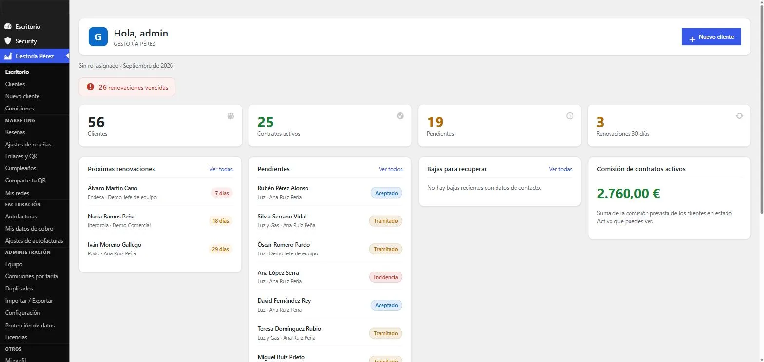 Escritorio de EnergyCRM con clientes, contratos activos, renovaciones y comisiones